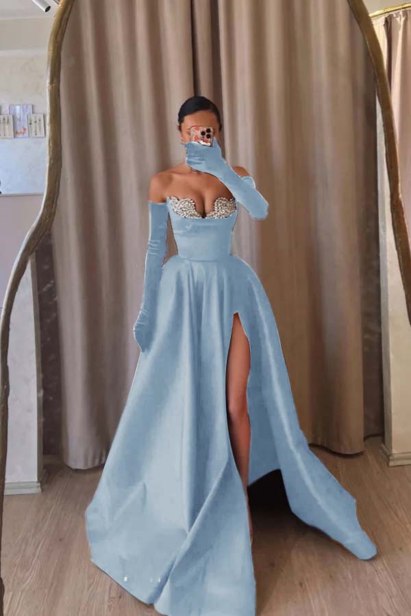 Strapless Sleeveless Long Split Prom Dress With Beading Long Gloves BMBRIDE