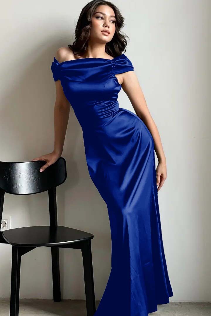 Off the Shoulder Sleeveless Long Mermaid Prom Dress With Pleated