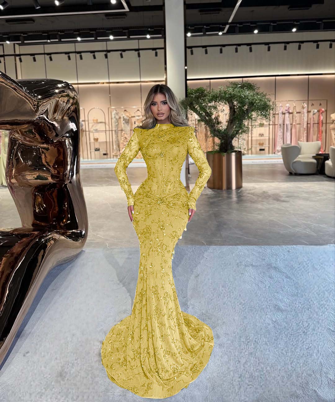 High Neck Long Sleeves Long Mermaid Prom Dress With Beading Pleated BMBRIDE