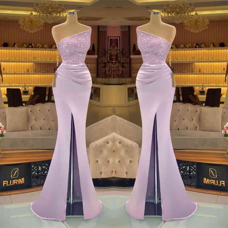 Light Purple Sleeveless Strapless Sequins Mermaid Prom Dress Long with Slit BM bride