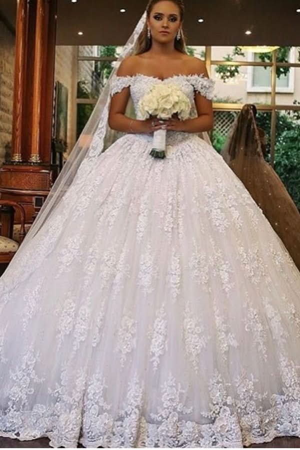 Luxury Long Off-the-Shoulder Ball Gown Wedding Dress with Lace and Train BM bride