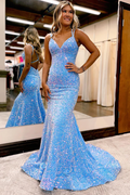 Sparkly Baby Blue Sequin Mermaid Prom Dress with Long Sleeveless V-Neck Backless BM bride