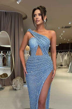 Sequins One Shoulder Sleeveless Mermaid Pleated Long Prom Dress With Split