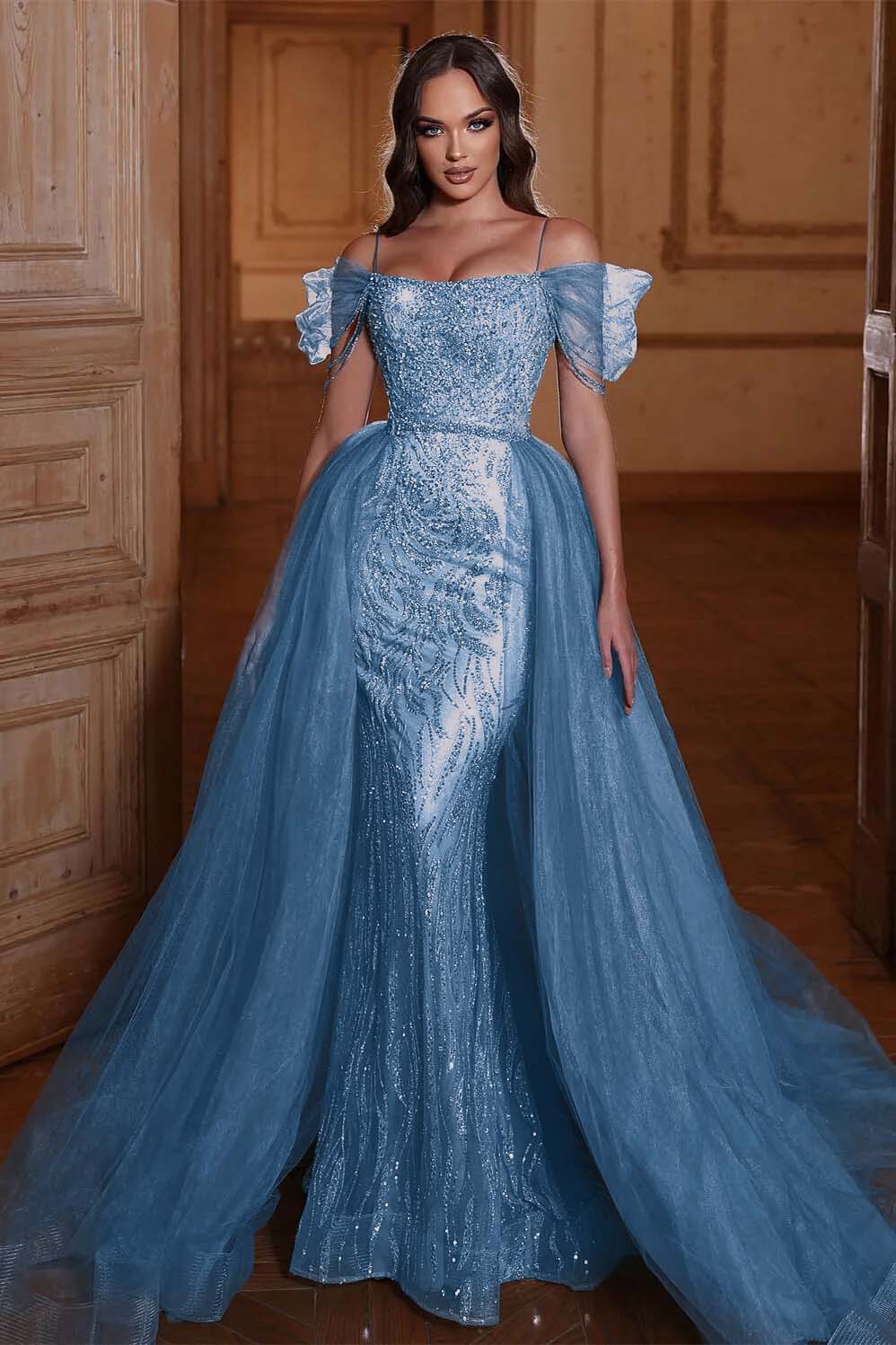 Off the Shoulder Mermaid Prom Dress Tulle Ruffles With Appliques