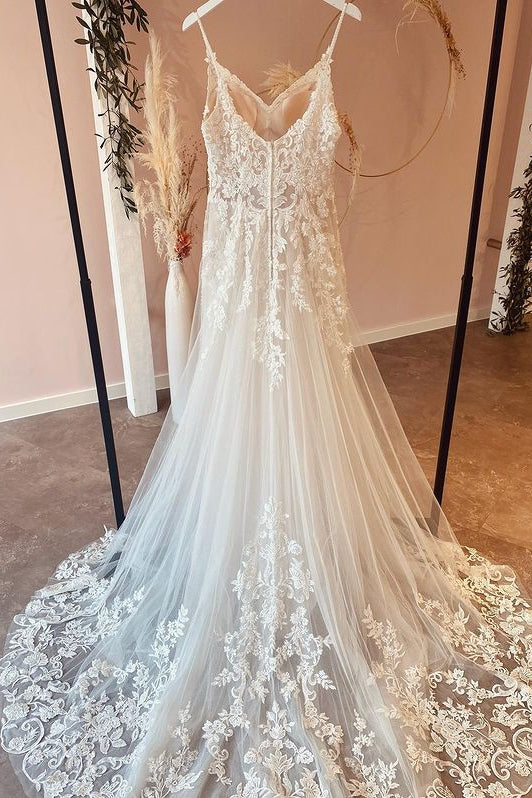 A-Line Sweetheart Spaghetti-Straps Tulle Wedding Dress With Lace Appliques BM bride