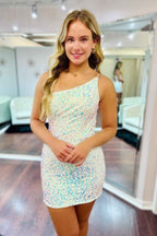 White Open Back One Shoulder Sequins Tight Short Homecoming Dress