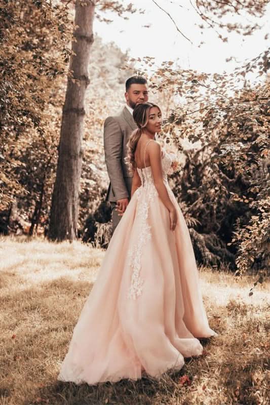 Spaghetti Strap Tulle Lace A-Line Wedding Dress BM bride