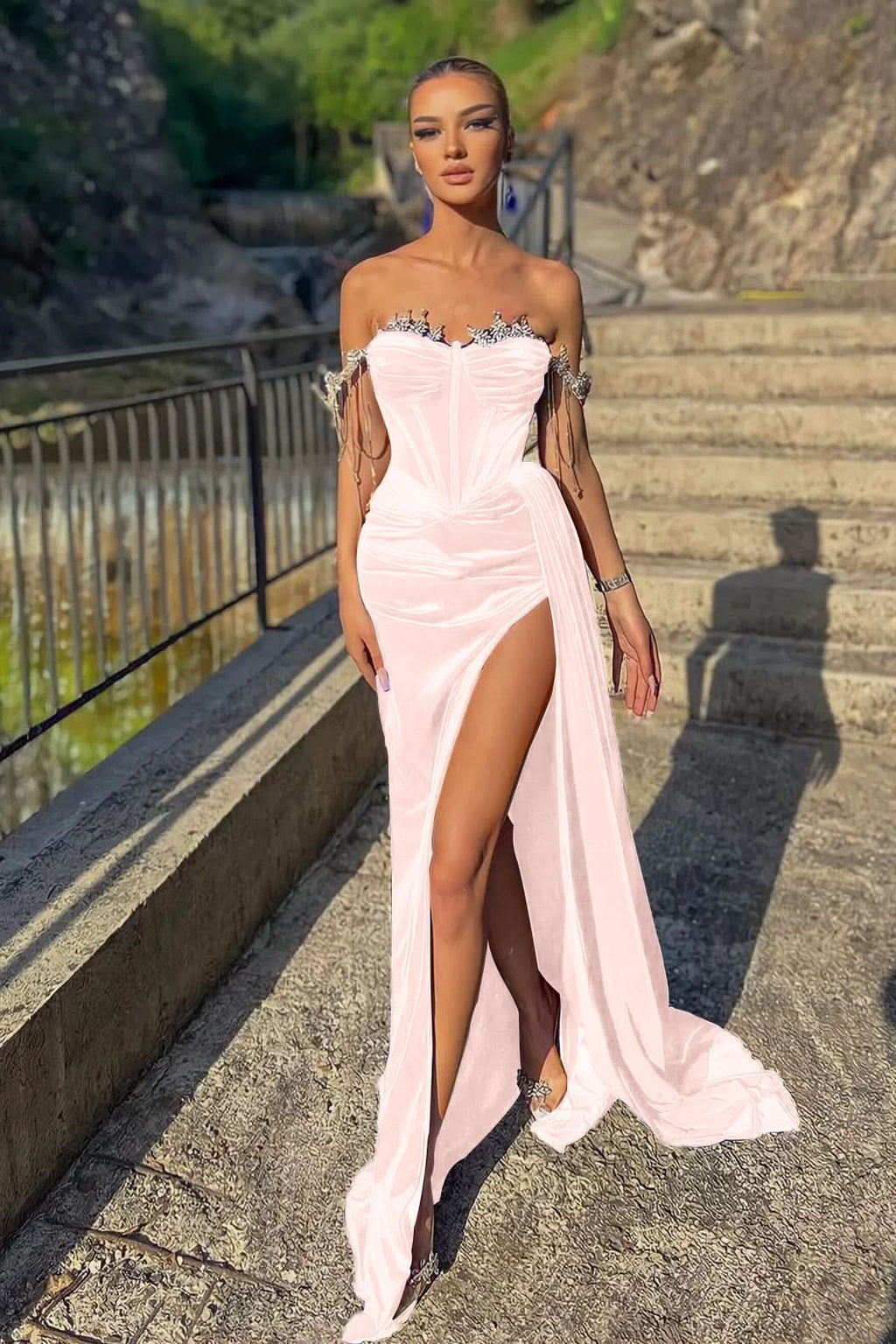 Velvet Off-the-Shoulder Beads Split Mermaid Prom Dress with Ruffles BM bride