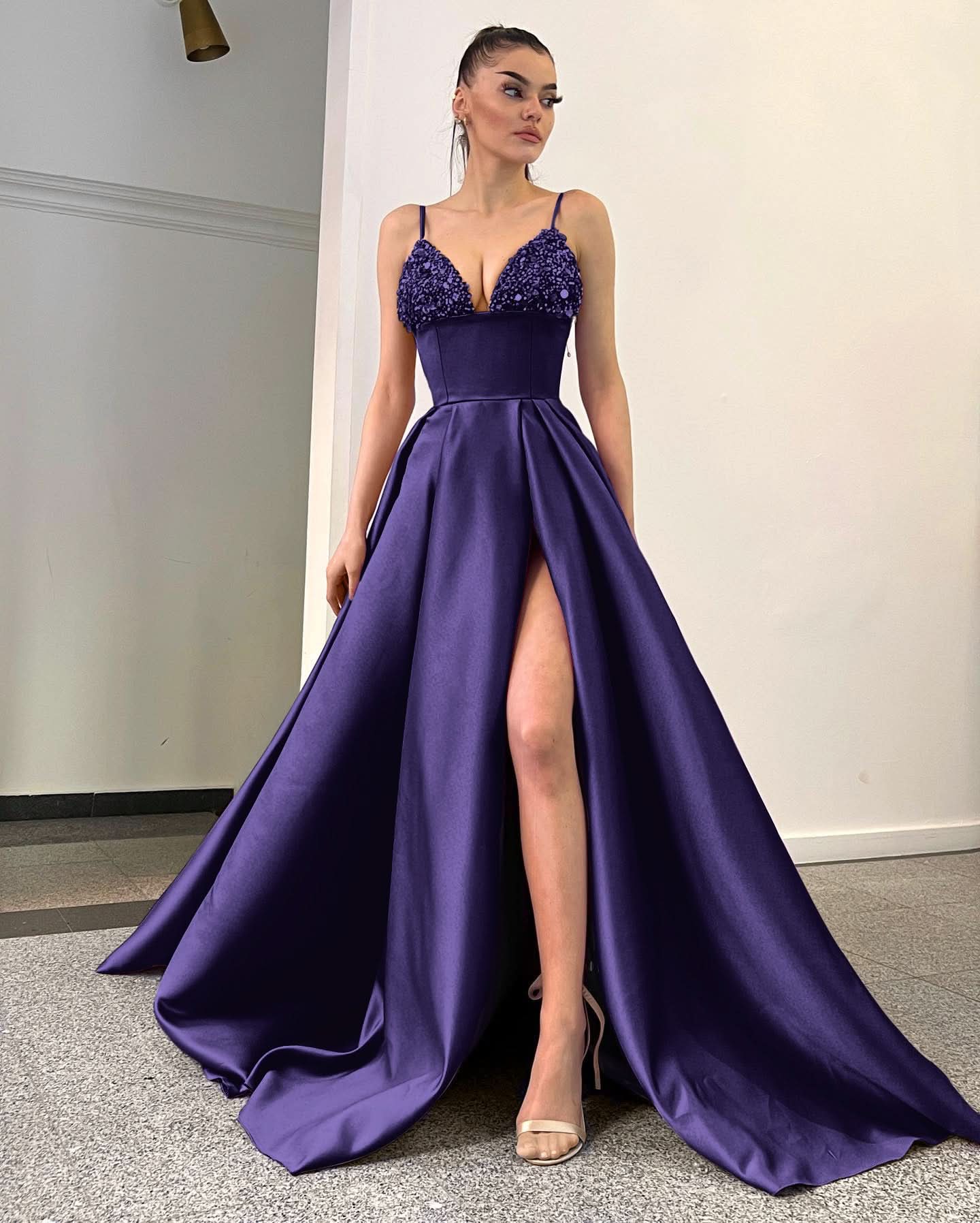 Lavender Spaghetti-Straps Sequins A-Line Evening Dress with Split BM bride