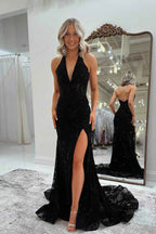 Black Halter Sleeveless V Neck Mermaid Long Prom Dress With Split