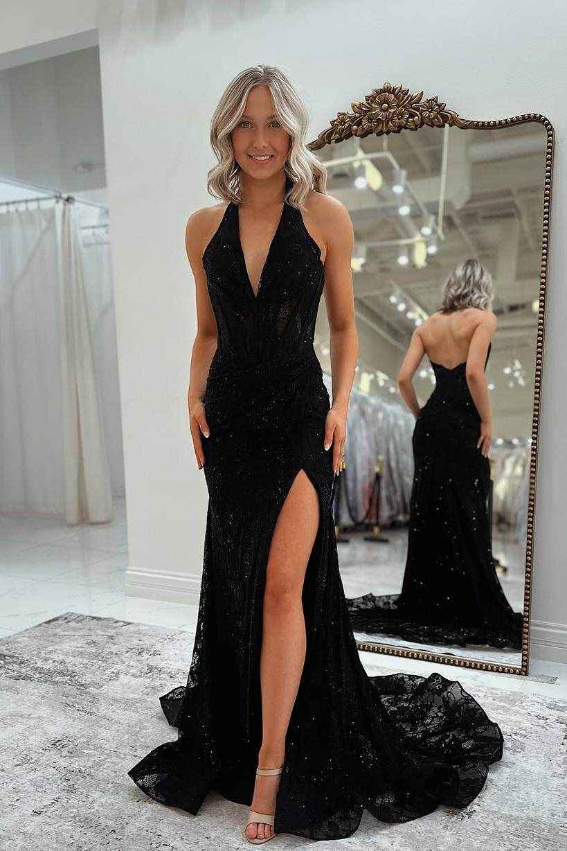 Black Halter Sleeveless V Neck Mermaid Long Prom Dress With Split