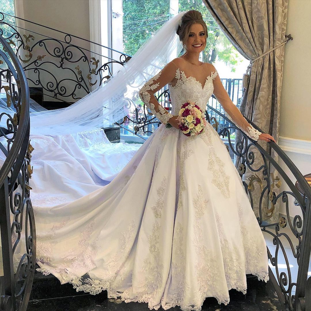 A-line Wedding Dress With Long Sleeves Satin Sweetheart Neckline BM bride