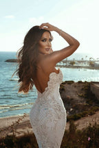 Sweetheart Backless Tulle Long Mermaid Wedding Dress with Lace Appliques BM bride