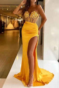 Chic Strapless Sweetheart Sleeveless Pleated Mermaid Split Prom With Sequins