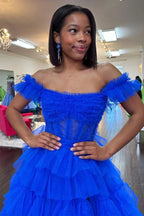 Majestic Royal Blue Off-the-Shoulder Ruffle Tiered Tulle Long Prom Dress with Slit BM bride