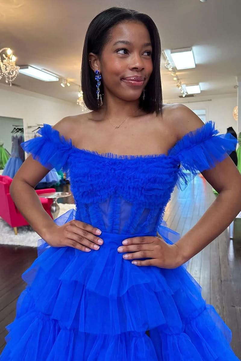 Majestic Royal Blue Off-the-Shoulder Ruffle Tiered Tulle Long Prom Dress with Slit BM bride
