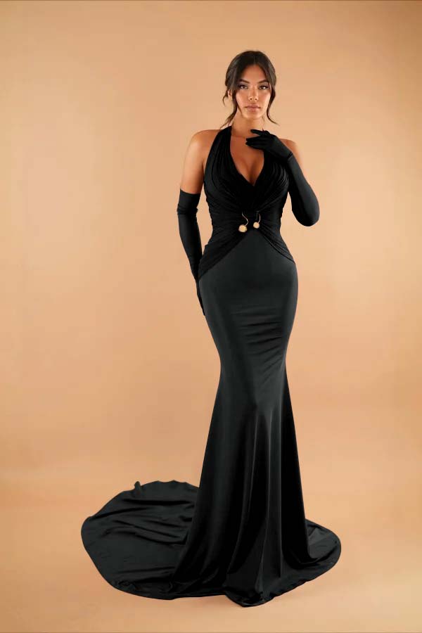 Halter Sleeveless Long Mermaid Prom Dress With Pleated Gloves BMBRIDE