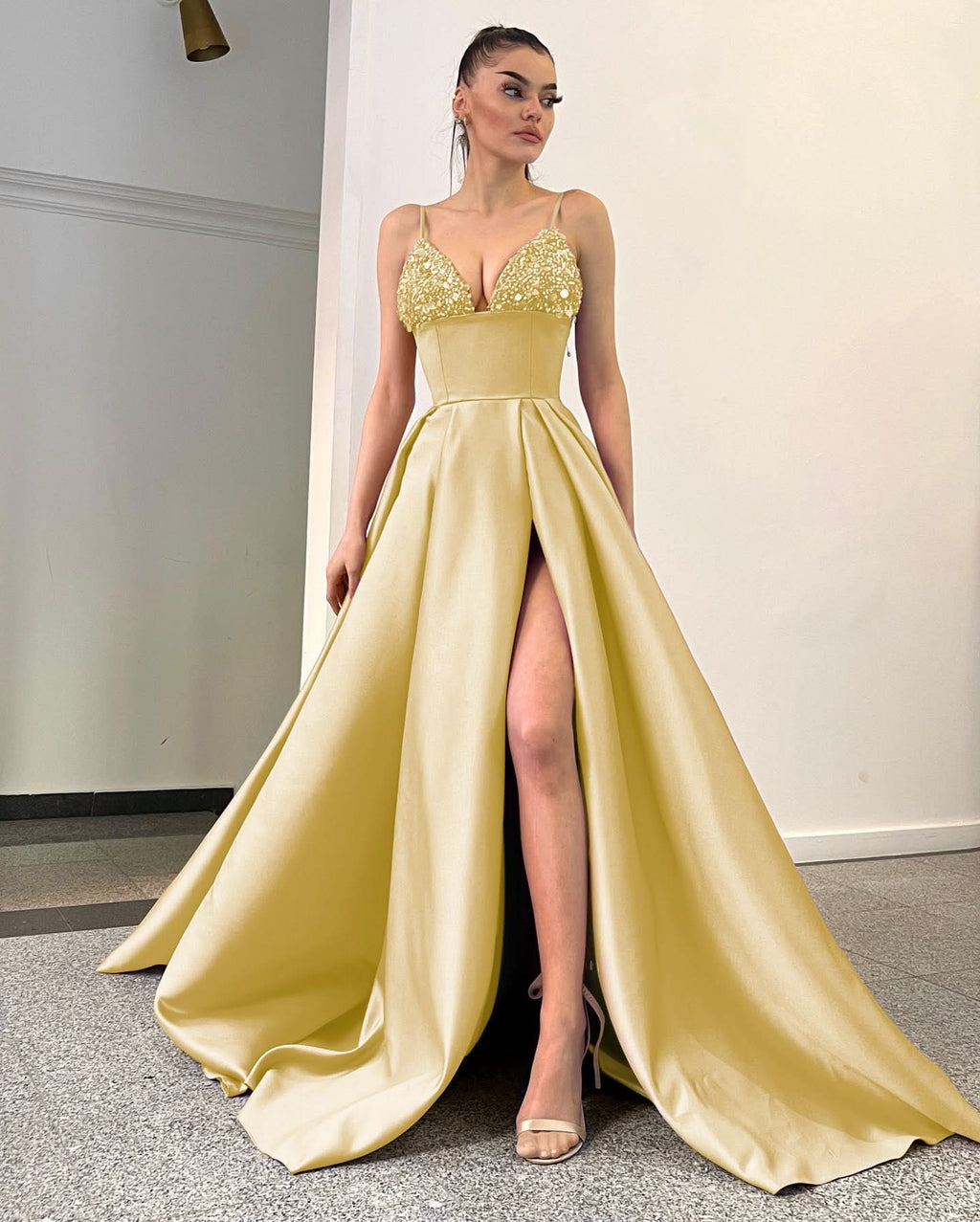 Lavender Spaghetti-Straps Sequins A-Line Evening Dress with Split BM bride