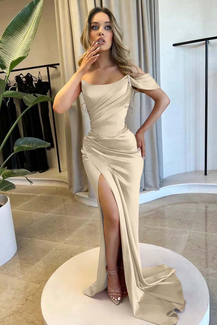 Strapless One Shoulder Long Mermaid Prom Dress With Split Beading BMBRIDE