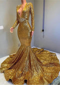 Gold Long Sleeves V-Neck Mermaid Prom Dress with Applique BM bride