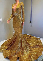 Gold Long Sleeves V-Neck Mermaid Prom Dress with Applique BM bride