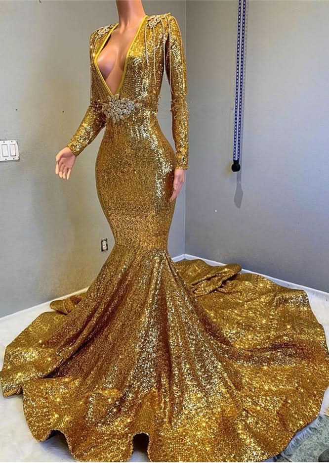 Gold Long Sleeves V-Neck Mermaid Prom Dress with Applique BM bride