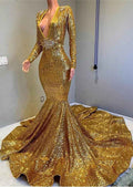 Long Sleeves V Neck Gold Backless Mermaid Long Prom Dress With Appliques