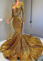 Long Sleeves V Neck Gold Backless Mermaid Long Prom Dress With Appliques