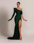 Emerald Green Evening Dress One Shoulder with Pearl Split BM bride