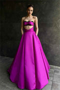 Charming Fuchsia Strapless Lace Sleeveless A Line Long Prom Dress With Bowknot