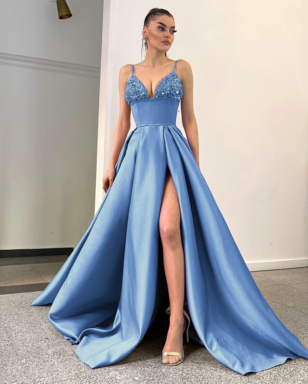 Lavender Spaghetti-Straps Sequins A-Line Evening Dress with Split BM bride