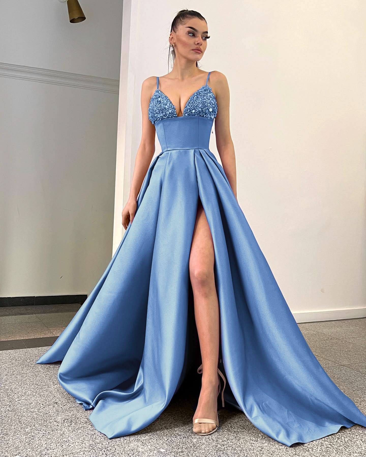 Lavender Spaghetti-Straps Sequins A-Line Evening Dress with Split BM bride