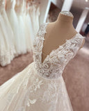 Modest Deep V-Neck Wide Strap A-Line Floor-Length Wedding Dress with Tulle Lace Appliques BM bride