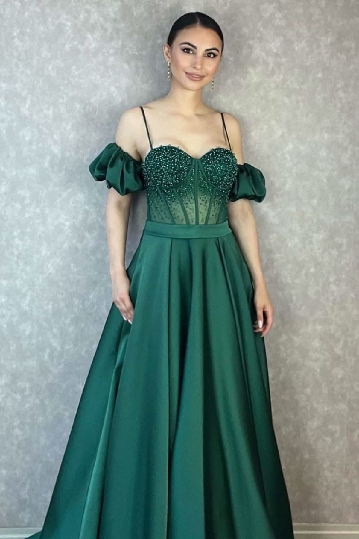 Off-the-Shoulder Spaghetti-Strap Evening Dress with Beadings BM bride