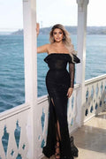 Black Sequins One Shoulder Long Sleeve Mermaid Long Prom Dress With Split