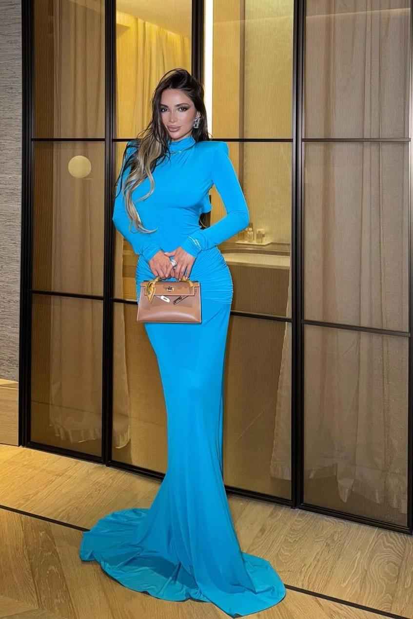 High Neck Long Sleeves Open Back Mermaid Long Prom Dress With Pleated