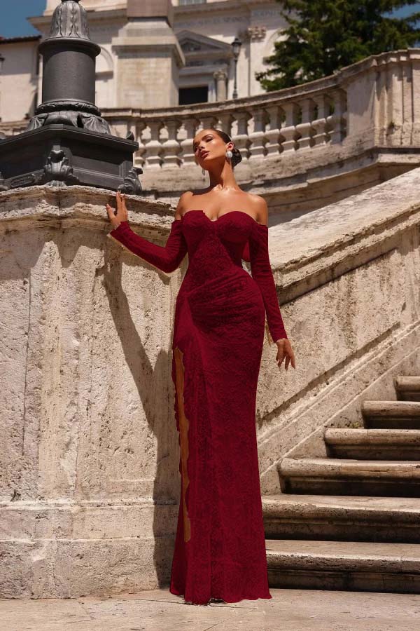 Off the Shoulder Long Sleeves Long Mermaid Prom Dress With Lace Appliques BMBRIDE