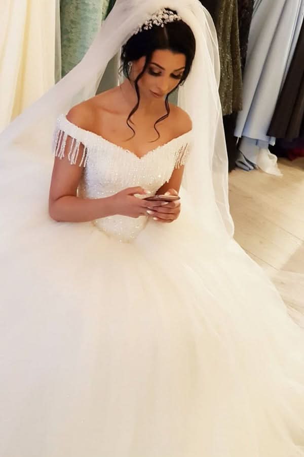 Off-the-shoulder Backless Wedding Dress With Beading Details Tassel Tulle BM bride