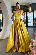 One Shoulder Sleeveless Long Split Prom Dress With Pockets Pleated