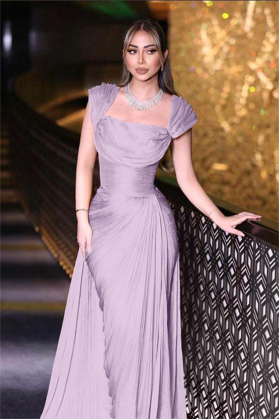 Daffodils Square Neck Sleeveless High Waist Long Pleated Prom Dress With Split BMBRIDE
