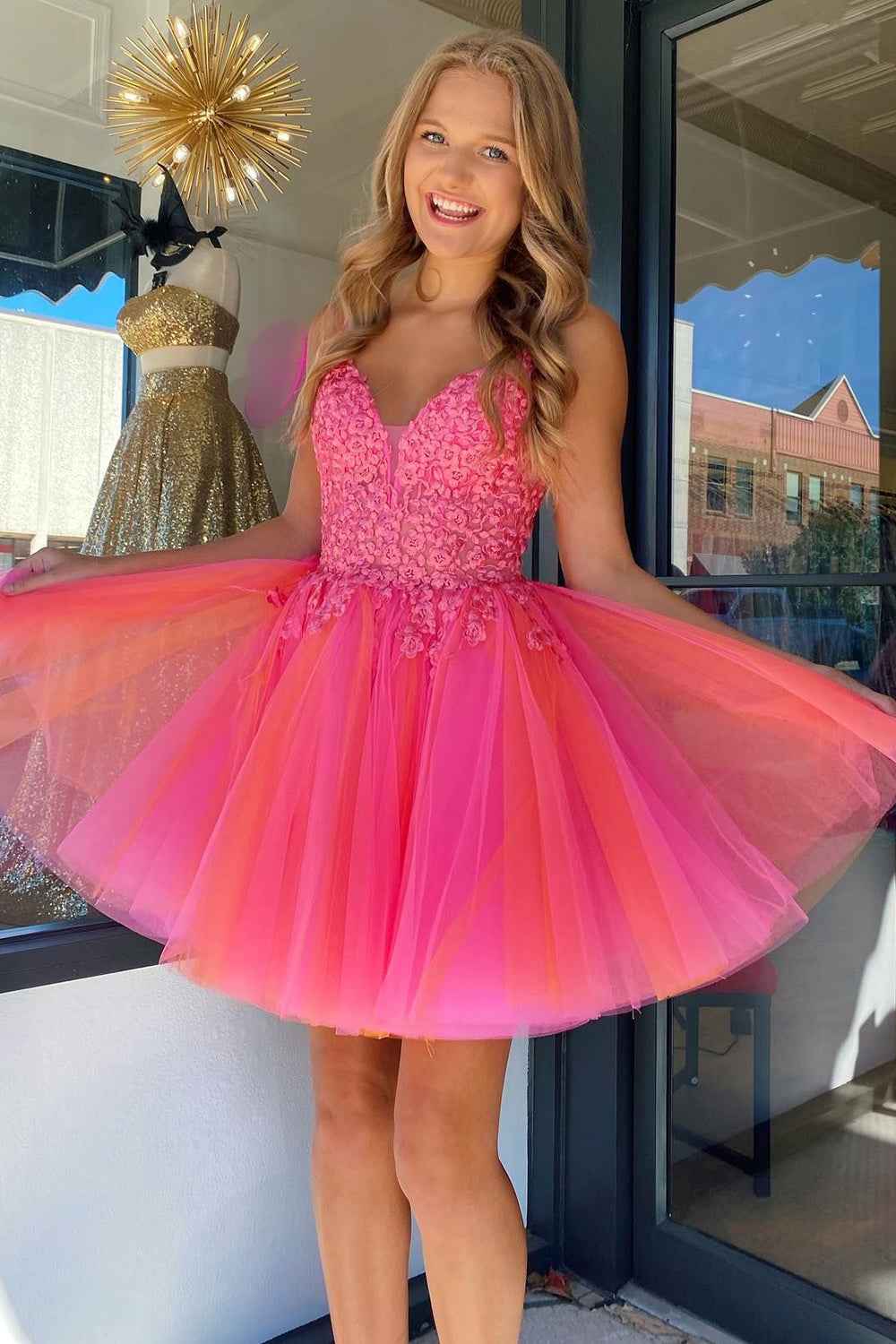 Hot Pink A-Line Tulle Short Homecoming Dress with Lace Bmbride