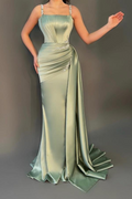 Spaghetti Strap Sleeveless Long Mermaid Prom Dress With Pleated Beading