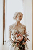 Vintage A-Line Long Sleeve Open Back Chiffon Wedding Dress with Lace Appliques BM bride