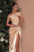 Champagne Off the Shoulder Sleeveless Prom Dress Charmeuse Split Mermaid