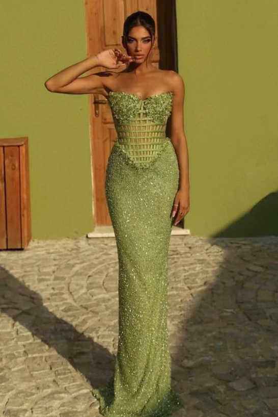 Sleeveless Strapless Long Mermaid Prom Dress With Sequin Pleated