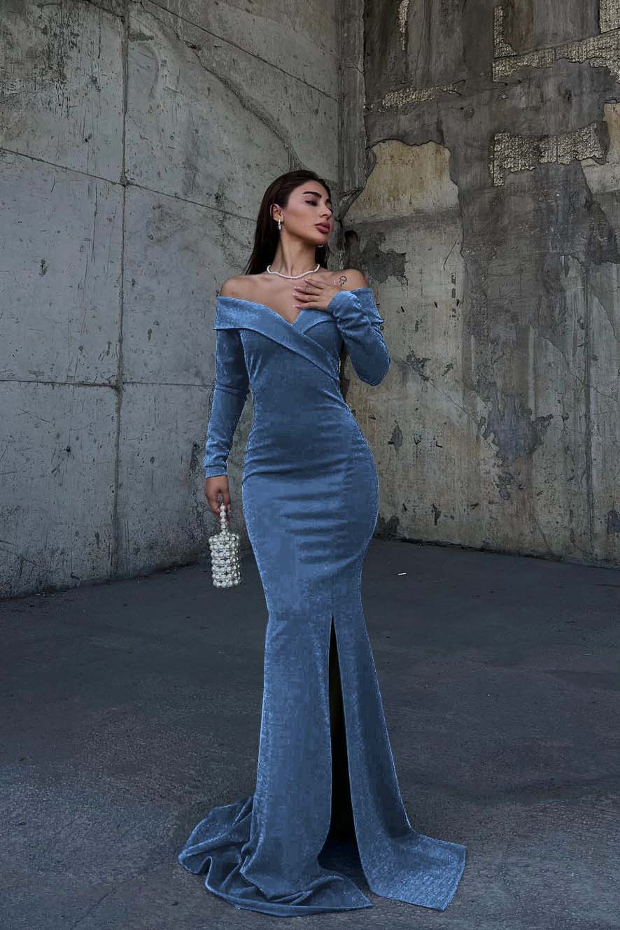 Off the Shoulder Long Sleeves Split Long Prom Dress With Pleated BMBRIDE