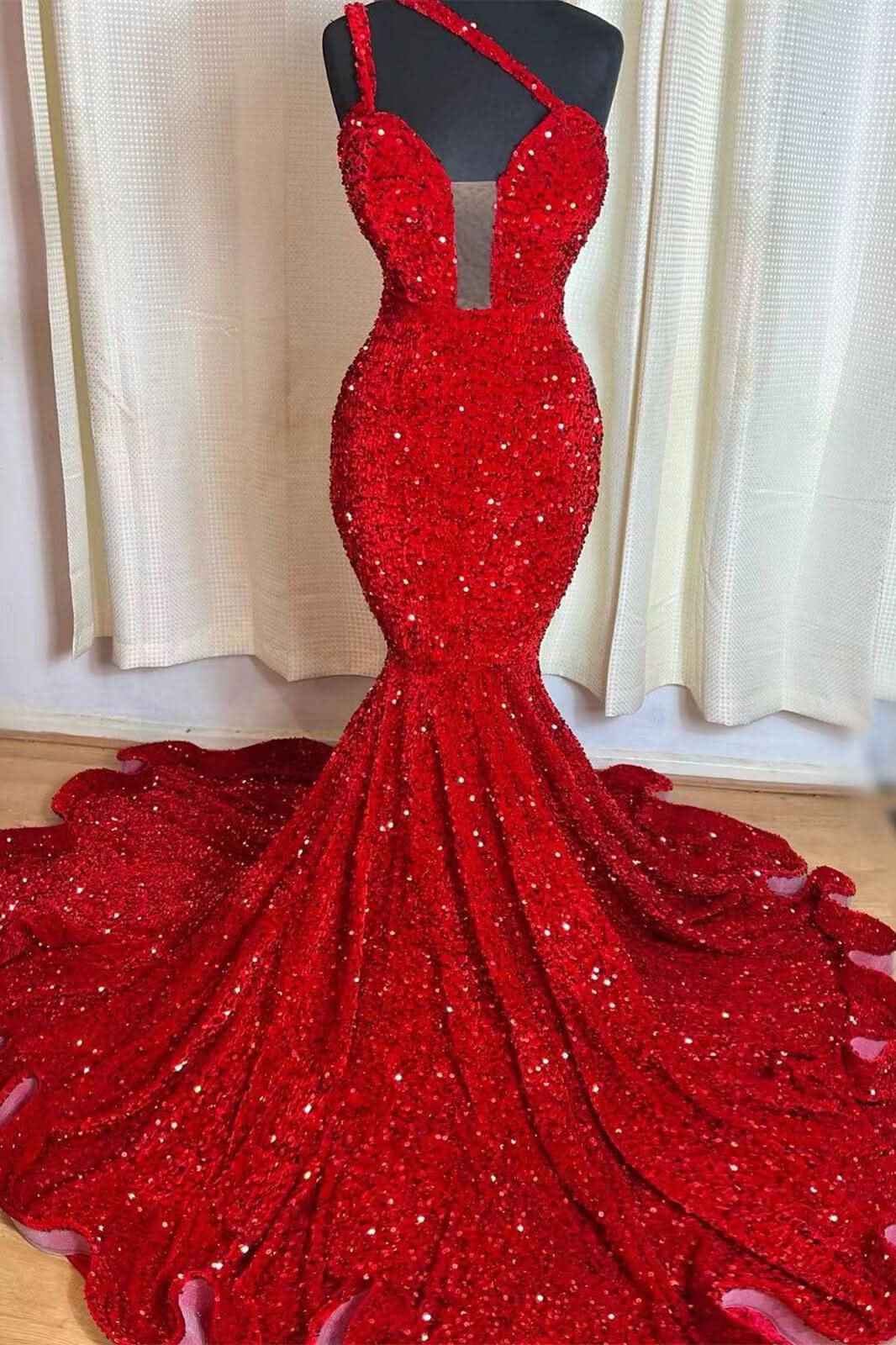 Red Sequins Sleeveless Mermaid Prom Dress with Sweetheart Elegant BM bride