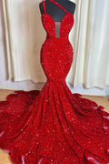Red Mermaid Sleeveless One Shoulder Prom Dress Sweetheart Elegant Sequins