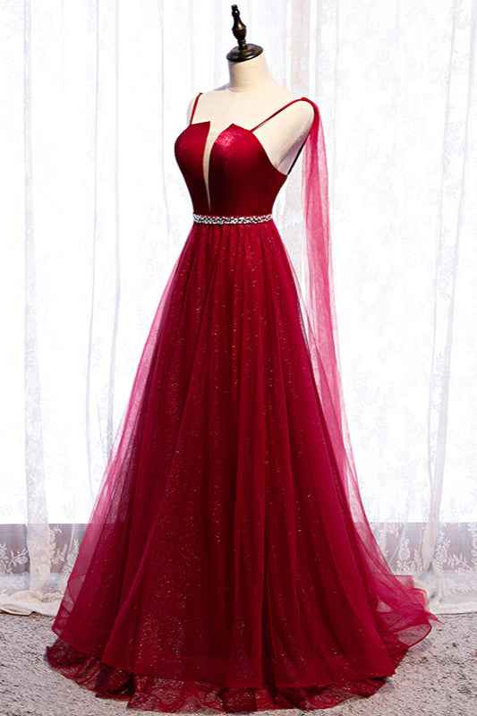 Burgundy Spaghetti Strap Sleeveless Prom Dress Tulle Ruffles With Beading