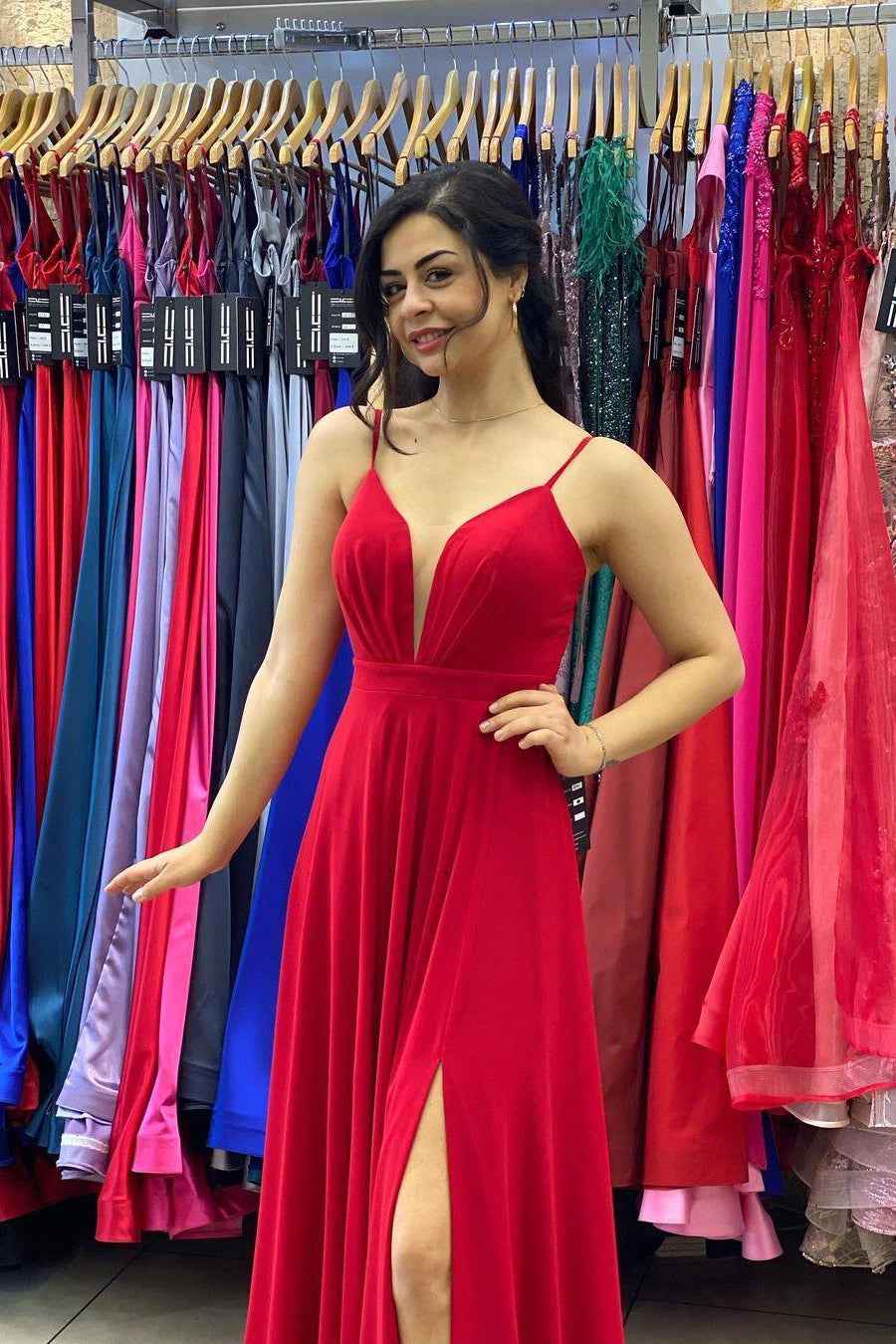 Long Spaghetti Straps Sleeveless Red A Line Prom Dress With Front Split